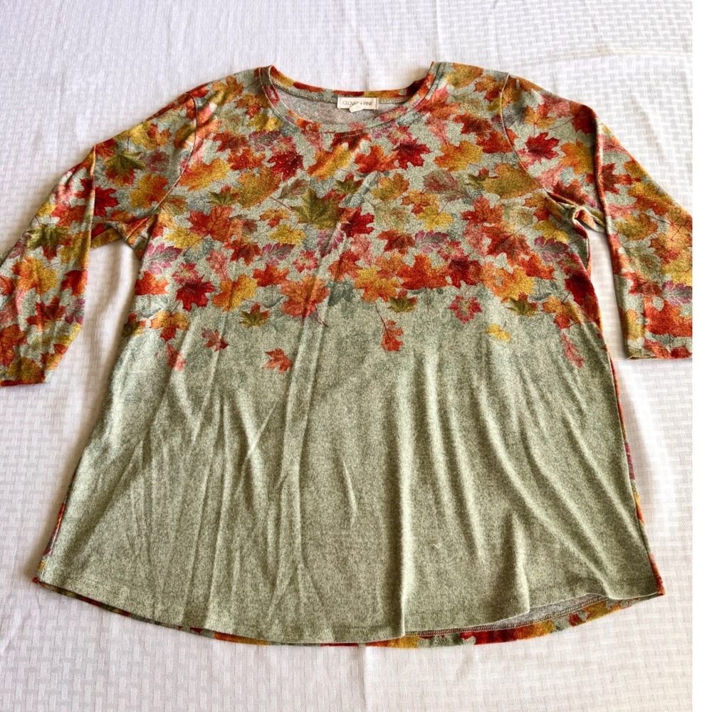 Clover + Pine Fall Maple Leaf Rhinestone Top XXL Sage Green 3/4 Sleeve Tunic